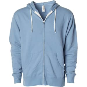 A unisex lightweight zip hood in light blue, featuring a zip closure, front pockets, and a hood. It has a logo.