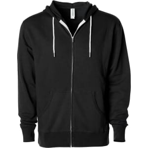 A unisex lightweight zip hood in black, featuring a front zip and two pockets, with a hood and drawstrings.