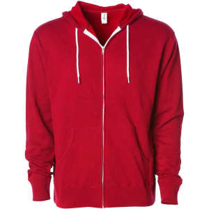 A red unisex lightweight zip hood with a front pocket, featuring a hood and drawstrings. It has a logo on the label.