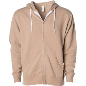 A unisex lightweight zip hood in beige with a front zipper and two pockets, featuring a hood and drawstrings.