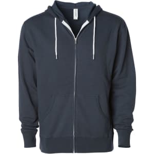 A unisex lightweight zip hood in navy blue, featuring a front zip, hood, and pockets, with a logo on the label.