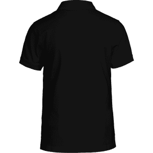 A black polo shirt featuring a collar and short sleeves, with a logo on the back.