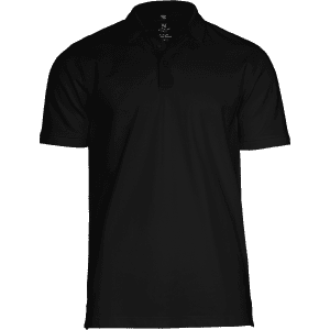 A black polo shirt with a collar, featuring a logo on the upper front.