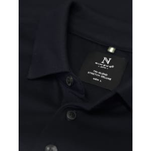 A navy polo shirt with short sleeves, featuring a collar, buttons, and a label indicating size and material.