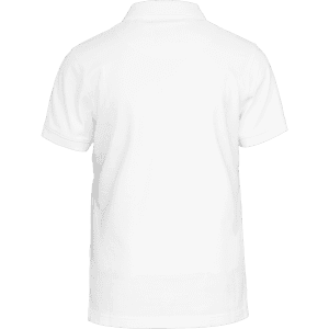 A white polo shirt with a standard collar and short sleeves, featuring a logo on the front.