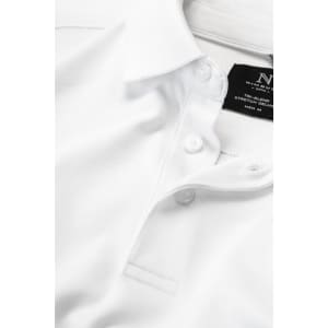 A white polo shirt featuring a button collar, with a brand logo on the inner tag.