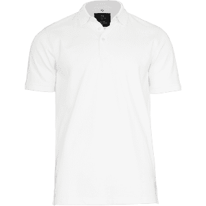 A white polo shirt featuring a collar and a logo on the label.