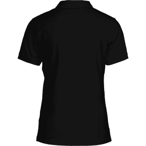A black women's polo shirt with a classic design and short sleeves. It features a logo on the front.
