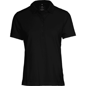 A black polo shirt for women featuring a classic collar and short sleeves, with a logo on the garment.