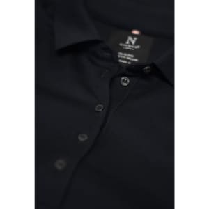 A dark navy polo shirt with a collar and button detail, featuring a logo on the label inside.