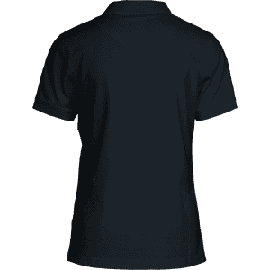 A dark navy women's polo shirt featuring a classic design and a logo on the collar.