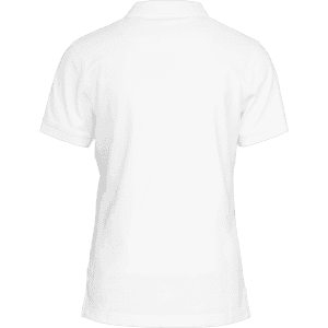 A white women's polo shirt with a classic design and a branding logo on the back.