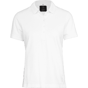 A white women's polo shirt with a collar and three buttons, featuring a logo on the label.