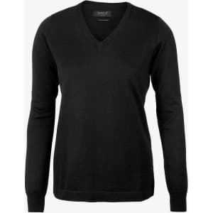 A black women's knitwear jumper with a V-neck and long sleeves, featuring a brand logo.