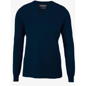A navy blue v-neck jumper with long sleeves, featuring a branding label at the neckline.