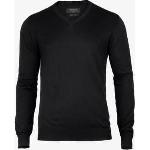 A black v-neck jumper featuring long sleeves and a fitted design. The item has a branding logo.