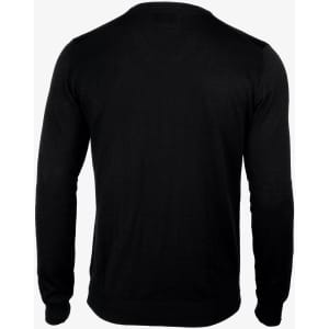 A black jumper sweater featuring a simple design with a rounded neckline and long sleeves, showcasing the back view.