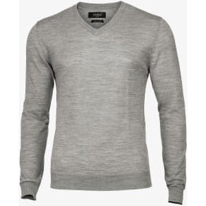 A grey V-neck jumper with long sleeves and a fitted design, featuring a logo on the label.