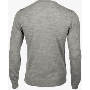 A grey men's knit sweater featuring a simple design and long sleeves, with a logo on the back.