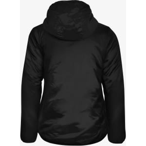A black women's jacket with a hood, featuring a sleek design and a smooth fabric texture on the back view.