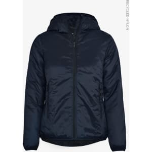 A navy women's jacket with a hood, featuring zippered pockets and made from recycled nylon.