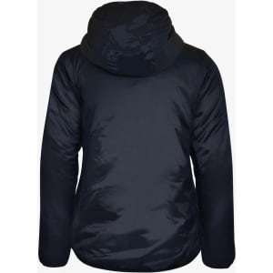 A women's jacket in navy blue, featuring a hood and a smooth, padded exterior. It has a logo on the back.