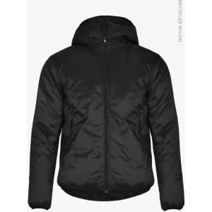 A black jacket with a hood, featuring a front zip and hand pockets, made from recycled nylon.