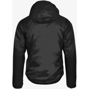 A black jacket with a hood, featuring a sleek, shiny finish and a branding logo on the back.