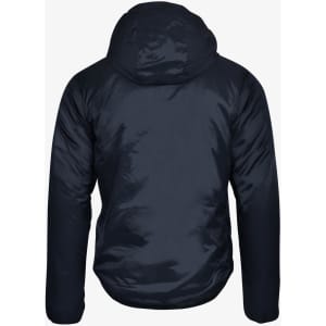 A navy blue Aspen Men Jacket featuring a hood and a smooth, shiny exterior, with a logo on the back.