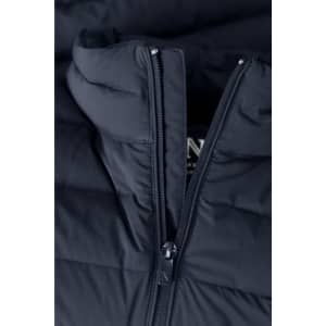 A navy blue down jacket with a zippered front and a hood, featuring a branding logo.