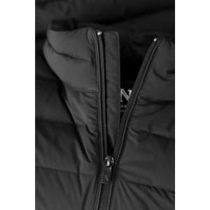 A black down jacket featuring a zippered front and a quilted texture. It has a logo on the inner label.