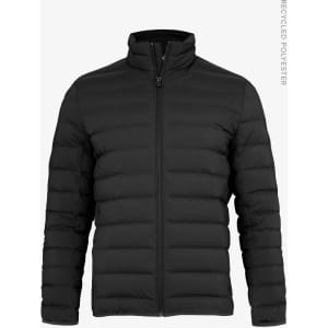 A black down jacket with a zip front and puffy design, featuring a stand-up collar and long sleeves. It has a logo.