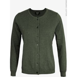 A green cardigan for women made from organic cotton, featuring a button-up front and long sleeves.