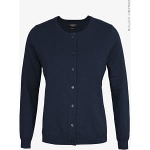 A navy cardigan for women featuring a round neckline, long sleeves, and button-up front. It has a logo on the label.