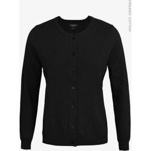 A black cardigan with a round neckline and button closure. It features long sleeves and is made from organic cotton.