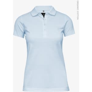 A light blue women's polo shirt made of organic cotton, featuring a classic polo collar and buttons.