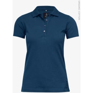 A navy blue women's polo shirt with a collar and buttons, featuring a logo. Made from organic cotton.