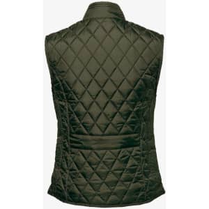 A green quilted vest with a back pocket and a collar, featuring a logo. Suitable for layering.