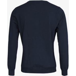 A dark navy cardigan featuring a crew neck and long sleeves, with a smooth textured finish. It has a logo on the back.