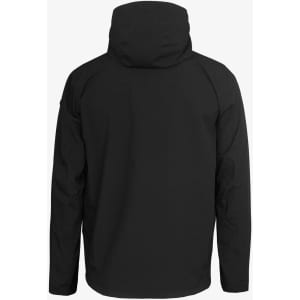 A black women's shell jacket featuring a hood and a sleek, minimalist design, presented from the back view.