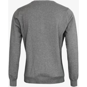 A grey cardigan with a simple design, featuring long sleeves and a rounded neckline, with a logo on the back.