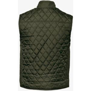 A quilted vest in olive green with a high collar and a branded logo.