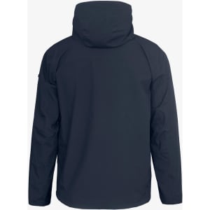 A dark navy shell jacket for men, featuring a hood and a smooth back design. Includes a logo.