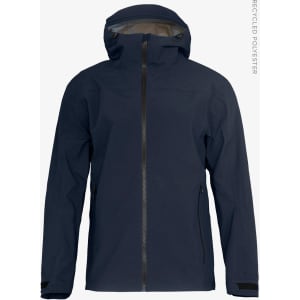 A dark blue men's shell jacket with a hood, featuring zippered pockets and made from recycled polyester.
