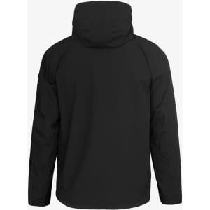 A black men's shell jacket featuring a hood and a simple design, showcasing the back view.