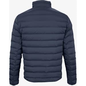 A navy blue women’s down jacket with a quilted design, featuring a high collar and no visible branding.