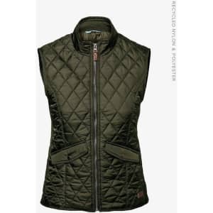 A quilted vest in dark green, featuring a zip front and two front pockets, with a small logo.