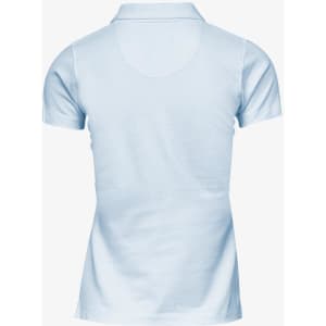 A light blue polo shirt with short sleeves and a collar, featuring a logo. The view is from the back.