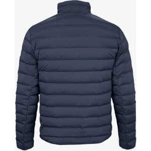 A navy blue down jacket featuring a quilted design and standing collar. It has branding on the back.