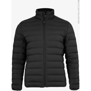 A black down jacket with a zip front and quilted design, featuring a logo on the upper chest area.